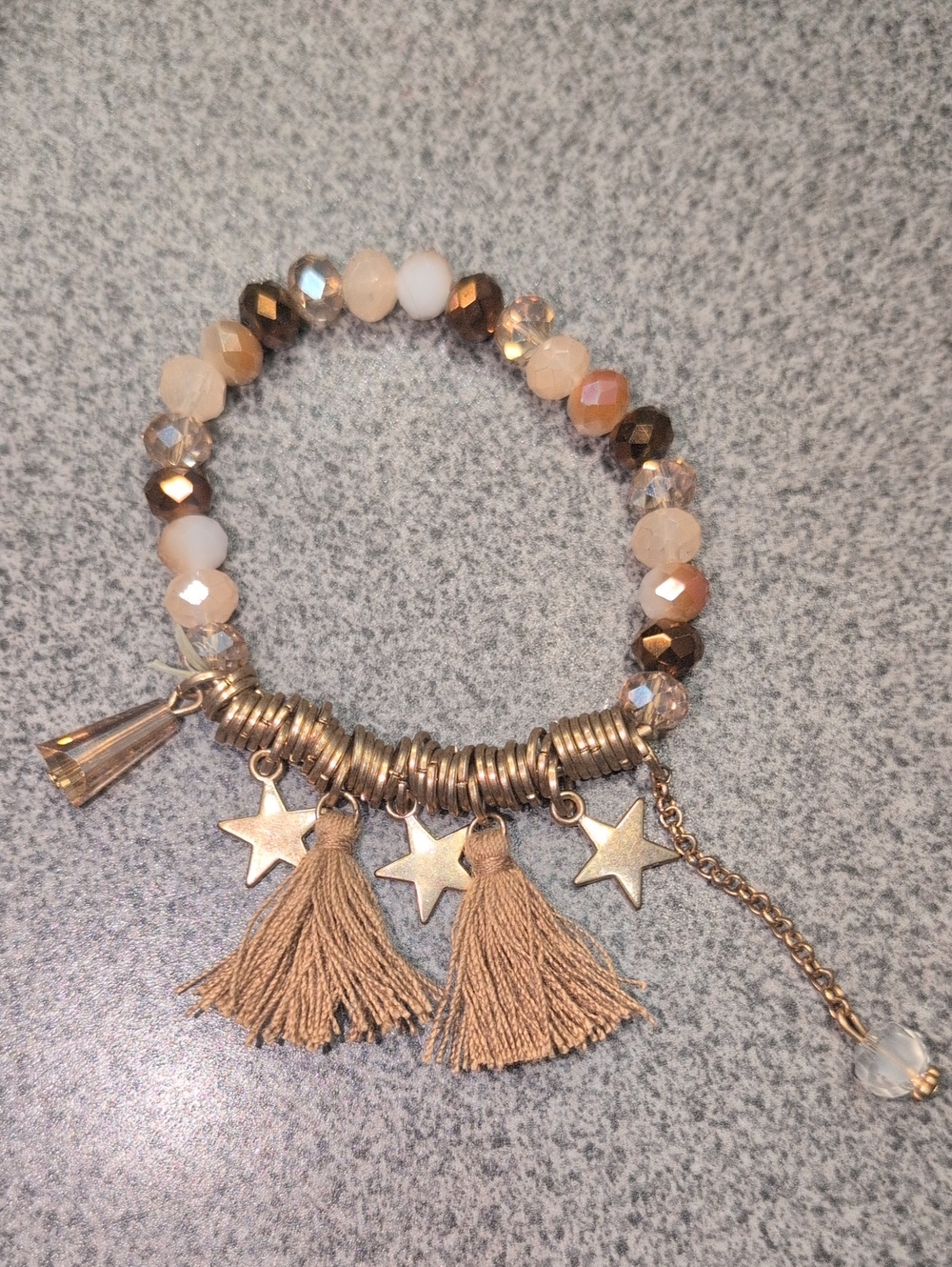 Women's Beige Tassel, Star Charm Brown Beaded Stretch Bracelet